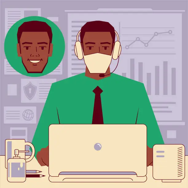 Vector illustration of Young handsome businessman (office worker) wearing headphones and face mask using hand sanitizer working through conference calls and Web meetings or taking an online training course, e-learning and telecommuting concept