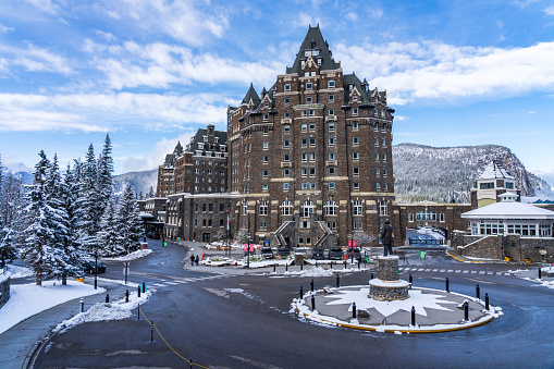 Fairmont Banff Springs in winter sunny day. Banff National Park, Canadian Rockies.