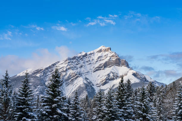 Close up snow-covered Cascade Mountain with snowy forest over blue sky and white clouds in winter sunny day. Banff National Park beautiful landscape. Canadian Rockies, Alberta, Canada.