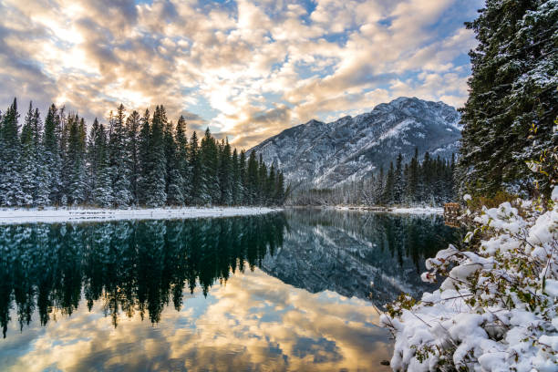 istock Mountain, trees and colourful clouds reflected on Bow River like a mirror. Banff National Park beautiful scenery in winter sunset time. Canadian Rockies. 1297320143