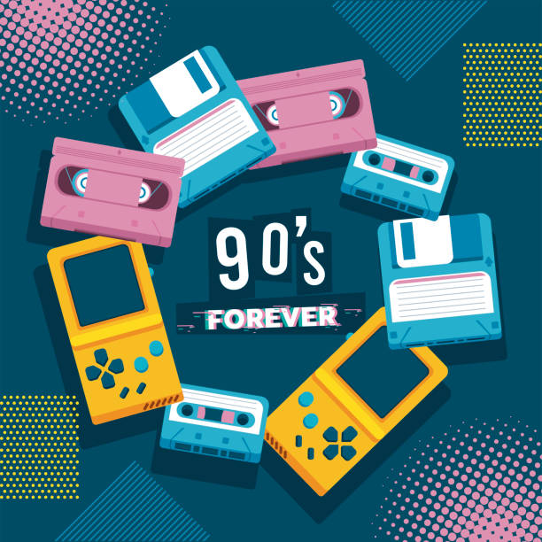 istock 90s forever lettering with set icons around in blue background 1297320667