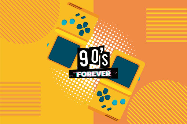 ilustrações de stock, clip art, desenhos animados e ícones de 90s forever lettering with video games portables in yellow background - orange background