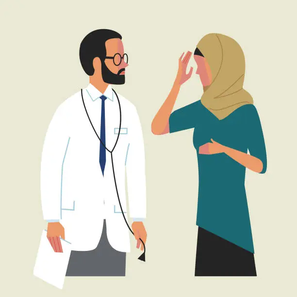 Vector illustration of women suffering physical or mental distress talking to doctor with beard