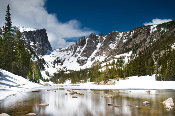 dream lake & longs peak - parque nacional rocky mountain - colorado - boulder lake - fotografias e filmes do acervo