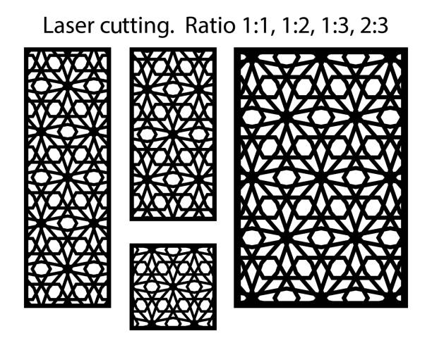 ilustrações, clipart, desenhos animados e ícones de painéis e telas para corte cnc. padrão vetorial de corte a laser. conjunto de modelo geométrico cnc. - arab style audio