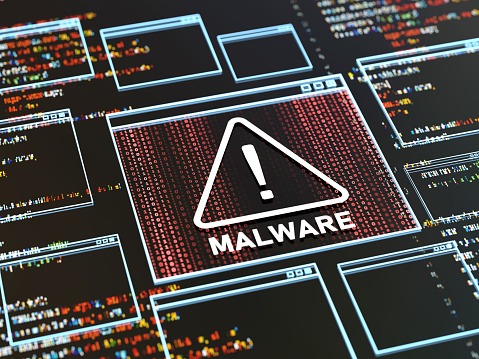 Malware Detected Warning Screen with abstract binary code 3d digital concept