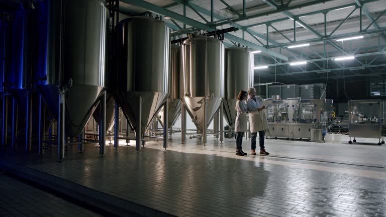 A team of employees checking tanks during the distillery process at a brewery factory