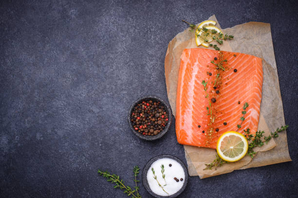 istock Raw salmon fillet with herbs 1297331623