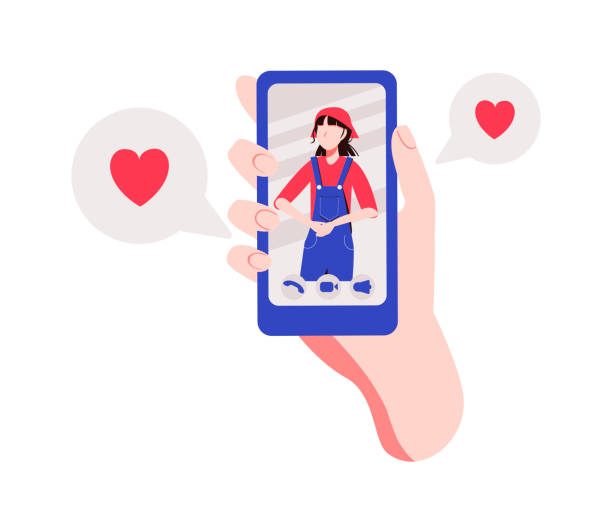 istock Video call concept. Video call with loved one. Male hand holding smartphone with girlfriend on screen. Finger touch screen. Vector flat cartoon illustration for web sites and banners design 1297331894