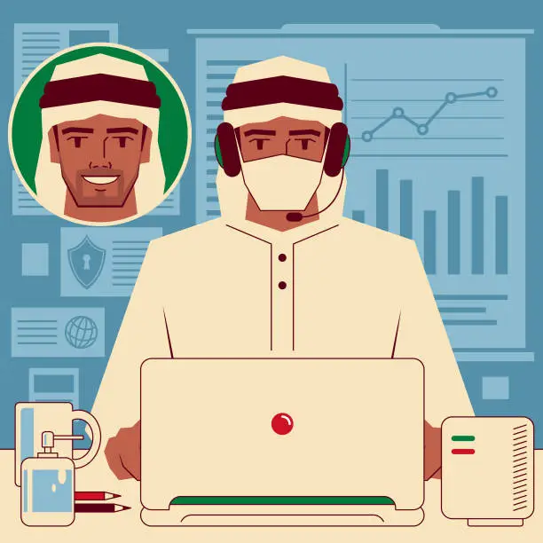 Vector illustration of Middle Eastern Ethnicity businessman (office worker) wearing headphones and face mask using hand sanitizer working through conference calls and Web meetings or taking an online training course, e-learning and telecommuting concept