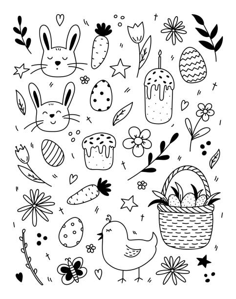 Set of Easter doodles with cute bunnies and a chick, Easter eggs, Easter cakes, spring twigs and flowers Set of Easter design elements. Cute faces of rabbits and a chick, festive Easter eggs in a basket, Easter cakes, spring twigs, flowers, carrots. Vector hand-drawn illustration in doodle style. easter drawings stock illustrations