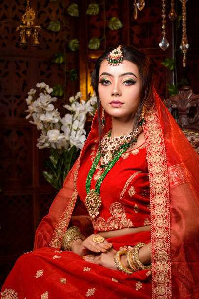 Magnificent young Indian bride in luxurious dress and precious jewellery is sitting in a chair in a luxury apartment. Classic vintage interior. Wedding fashion. stock photo