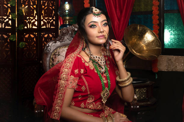 Magnificent young Indian bride in luxurious dress and precious jewellery is sitting in a chair in a luxury apartment. Classic vintage interior. Wedding fashion. stock photo