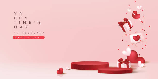 ilustraciones, imágenes clip art, dibujos animados e iconos de stock de el banner de venta del día de san valentín backgroud con pantalla de producto forma cilíndrica. - valentines day