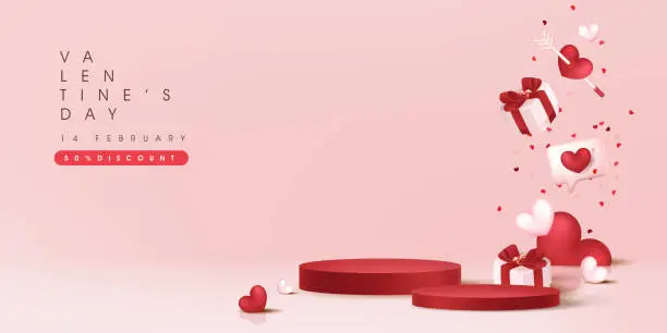 Vector illustration of Valentine's day sale banner backgroud with product display cylindrical shape.