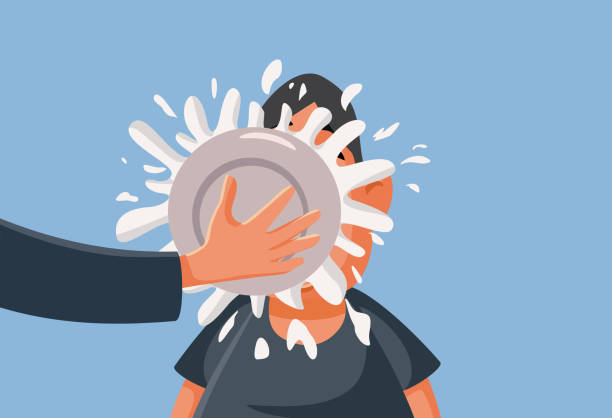 Man Having Pie Thrown in his Face as a Prank Tasteless joke made by a rude friend concept illustration sweet pie stock illustrations