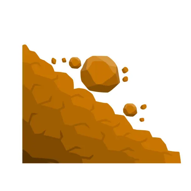 Vector illustration of Rock rolls off a cliff. Falling boulders. Rockfall and landslide