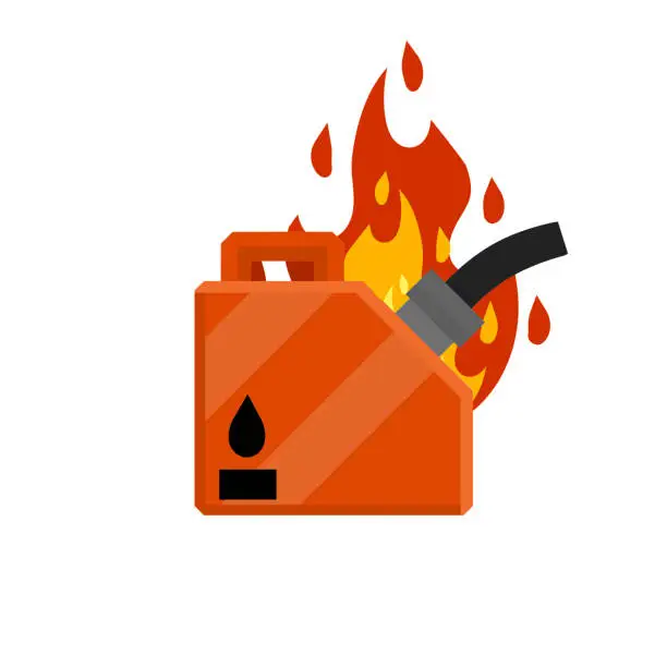 Vector illustration of Canister with fuel. Red gas tank. Container with oil. Flammable object. Danger and fire. Dangerous flames. Flat cartoon icon illustration isolated on white background