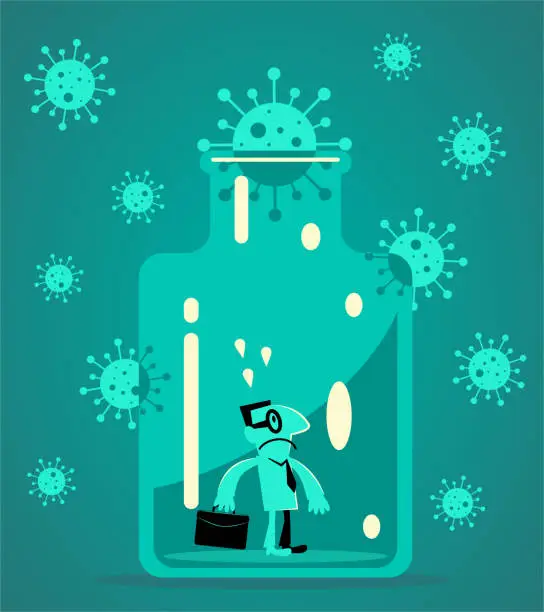 Vector illustration of One Businessman stuck in a confined space glass bottle with new coronavirus cork
