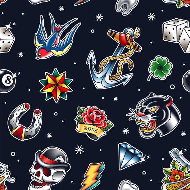 Old School Tattoo Vector Seamless Pattern Traditional tattoo vector seamless pattern with popular old school elements: panther, skull, diamond, anchor, dice, rose, flash, razor and bird. Endless retro style pattern with bright colors on black. EPS10 vector illustration. tattoo seamless texture stock illustrations