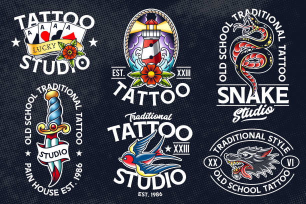 Old School Tattoo Vector Emblems Set of vector traditional tattoo style emblems. Old school tattoo logo templates. Great for tattoo studio design, t-shirt prints, stickers and etc. EPS10 vector illustrations. poker card tattoos stock illustrations