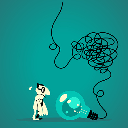Business Characters Vector Art Illustration.
Businessman looking at a big idea light bulb with tangled messy electrical line.