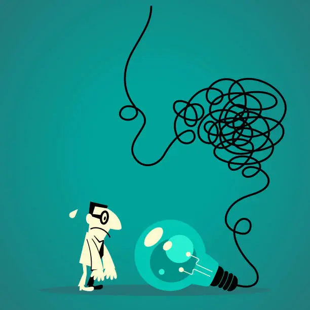 Vector illustration of Businessman looking at a big idea light bulb with tangled messy electrical line