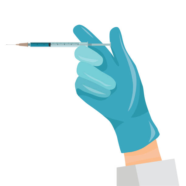 ilustrações, clipart, desenhos animados e ícones de mão com uma seringa em uma luva. administração da vacina por um profissional médico. - injeção insulina luva