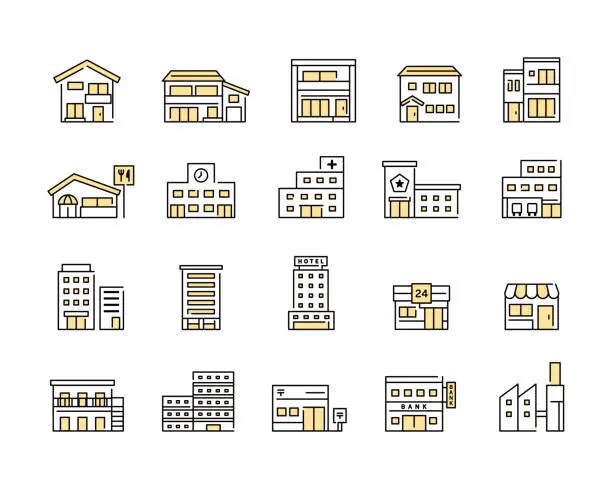 Vector illustration of A set of building icons. There are houses, restaurants, schools, hospitals, police stations, fire stations, buildings, condominiums, hotels, convenience stores, factories, etc.