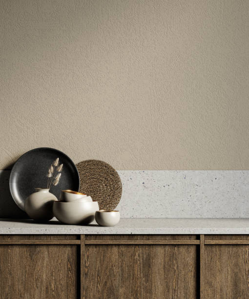 istock Beige kitchen interior with stone countertop and decor. 1297358713