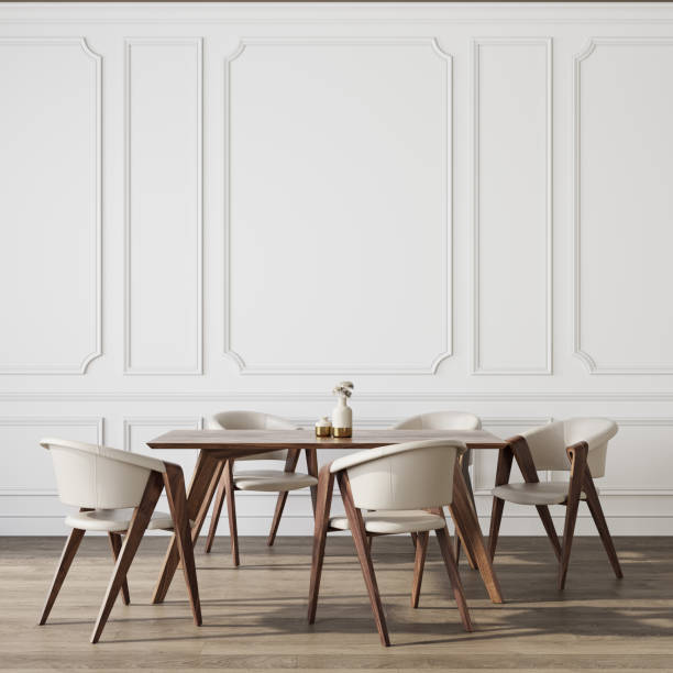 Classic white interior with dining table and chairs. Classic white interior with dining table and chairs. 3d render illustration background mock up. dining room stock pictures, royalty-free photos & images