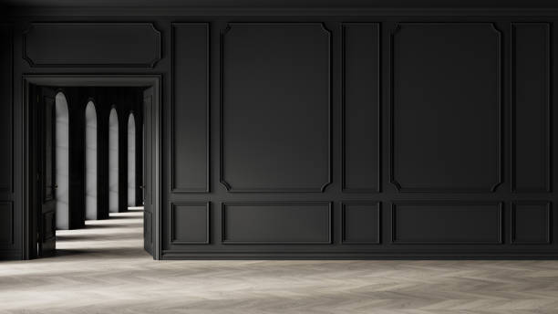 istock Modern classic black empty interior with wall panels, open door and wooden floor. 1297359113