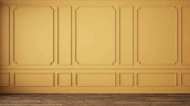 istock Modern classic yellow color empty interior with wall panels and wooden floor. 1297359769