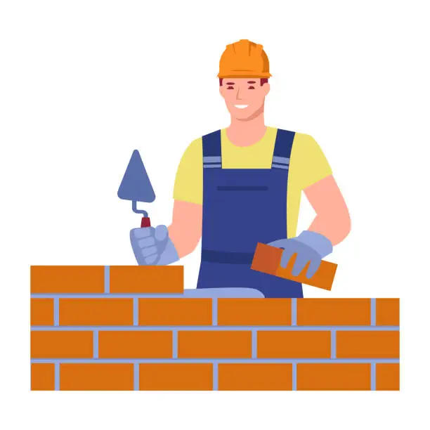 Vector illustration of A male bricklayer worker in uniform is building a wall. Bricklayer services. Vector concept. Illustration in flat cartoon style.