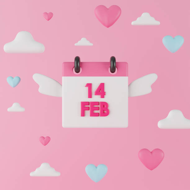 3d rendering flying valentine's day calendar. - february three dimensional shape heart shape greeting imagens e fotografias de stock