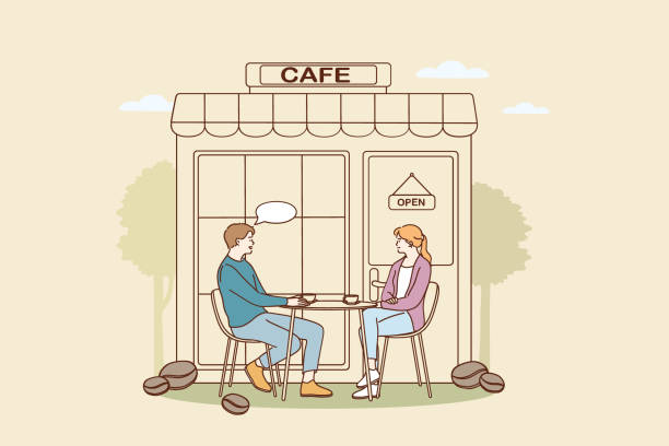 Coffee shop and cafeteria concept Coffee shop and cafeteria concept. Young smiling couple cartoon characters sitting outdoors drinking coffee and chatting in cafeteria vector illustration single dining chair stock illustrations