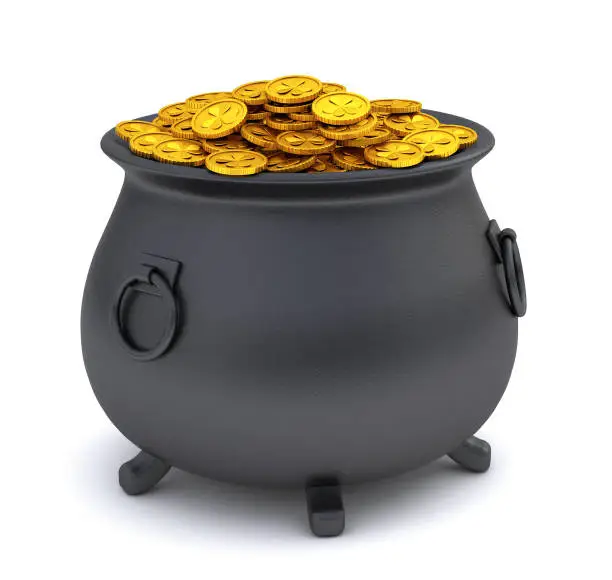 Photo of St. Patrick's Day. Treasure pot full of gold coins. isolated on white background. 3d render.