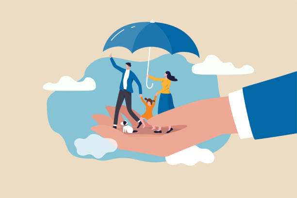 ubezpieczenia na życie, ochrona rodziny, aby zapewnić członków będą wspierane finansowo i koncepcji pokrycia ryzyka, piękny rodziny z mężem, żoną i dziećmi w obsłudze strony z parasolem ochrony okładka. - warranty stock illustrations
