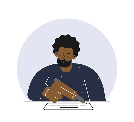 Vector isolated flat concept. African American man sits at table, holds pen and writes text on white paper. Design with cartoon character signed contract, report or mortgage document to get credit