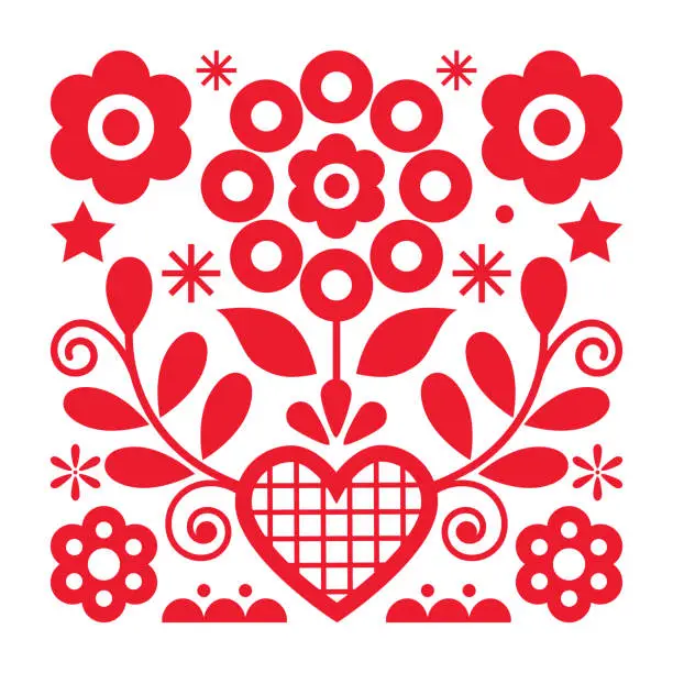 Vector illustration of Folk art vector design with flowers and heart from Nowy Sacz in Poland inspired by traditional highlanders embroidery Lachy Sadeckie