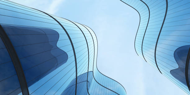 istock Low angle view of futuristic architecture, Skyscraper office building with cloud reflected on window, 3D rendering. 1297374637