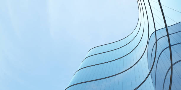 istock Low angle view of futuristic architecture, Skyscraper office building with cloud reflected on window, 3D rendering. 1297374651
