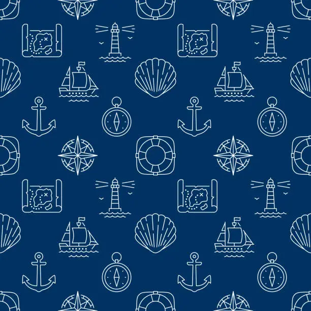 Vector illustration of Marine dark blue seamless pattern. Vector background included line icons as anchor, lighthouse, navigation map, shell, lifebuoy outline pictogram for sea equipment