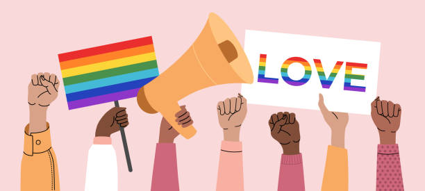 толпа людей, держащих плакаты, транссексуалов, lgbt и флаги - gay pride flag audio stock illustrations