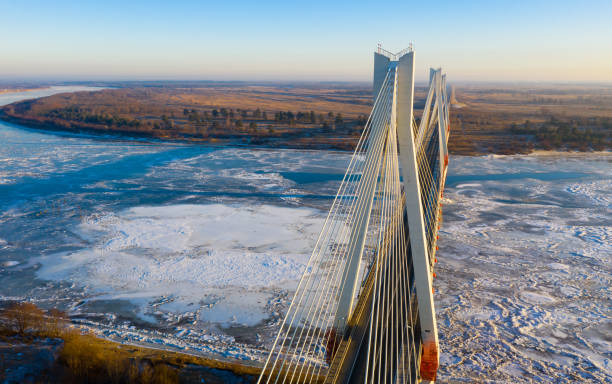 istock Aerial view of the cable-stayed Murom bridge over the Oka river 1297378867