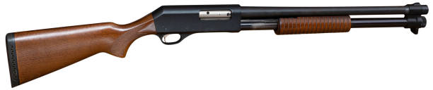 istock Hunting pump action shotgun isolated on white background 1297378885