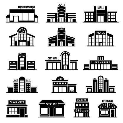 Supermarket facade. Retail shop exterior commercial mall buildings recent vector icons collection of store. Retail exterior building, storefront boutique, structure architecture illustration