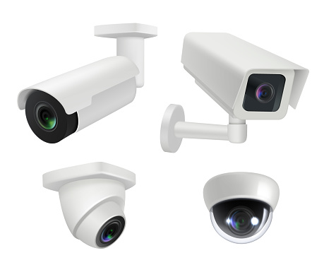 Security camera. Realistic cctv home wireless electronic inspection cameras decent vector illustrations