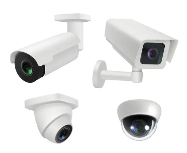 Vector illustration of Security camera. Realistic cctv home wireless electronic inspection cameras decent vector illustrations