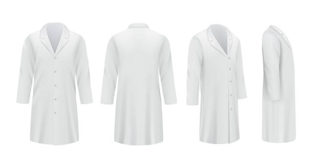 Medical coats. White templates professional doctor clothes specialists uniform decent vector mockup Medical coats. White templates professional doctor clothes specialists uniform decent vector mockup. Medical clothing suit, clothes uniform illustration research facility exterior stock illustrations
